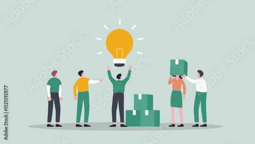 Team working together to create a bright idea with boxes and a lightbulb above them in a conceptual design