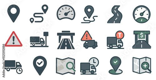 Transportation and navigation icons for logistics and travel design