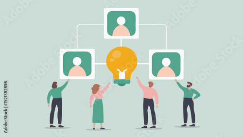 Team members collaborating around a central lightbulb idea with connected profile icons above them