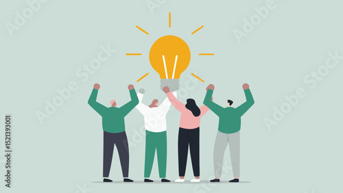 Group of people celebrating a bright idea represented by a large yellow light bulb above them