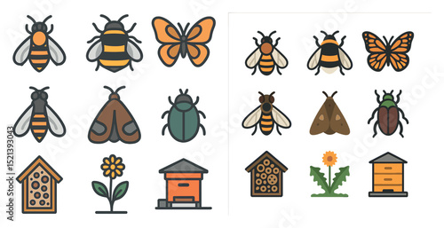 Colorful bee and insect icons with hives and flowers for design projects