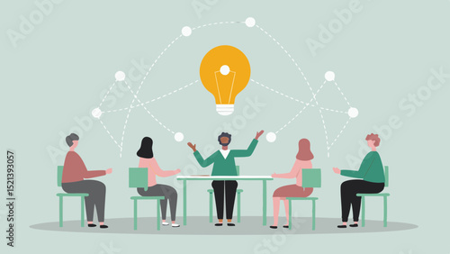 People sitting around a table with a lightbulb and connected dots above their heads in a meeting