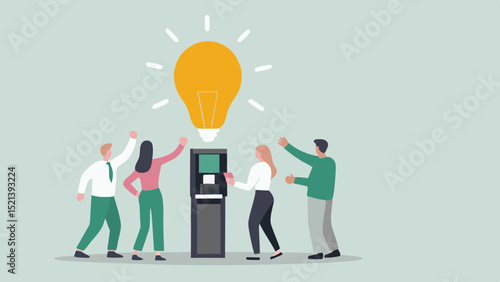 Team celebrating a new idea with lightbulb above atm machine and raising hands in excitement together