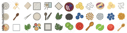 Assorted kitchen utensils and ingredients icons for culinary design projects