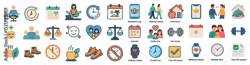 Productivity and wellness icons for mindful living and time management
