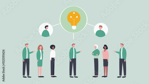 Group of diverse people standing and discussing ideas with a lightbulb as the central concept