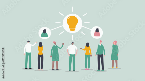 Group of people standing with lightbulb and person icons above them suggesting collaboration and ideas