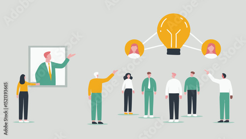 Group of people looking at a lightbulb and a man in a frame giving a presentation to the group