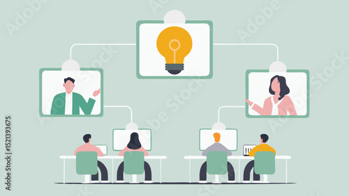 Illustration of a virtual meeting with participants and a central idea lightbulb concept shown