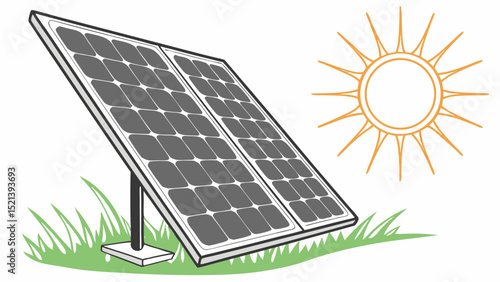 Illustration of two solar panels on grass with the sun in the background on a white background