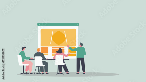 Business team meeting presentation with website design on screen and discussion happening now