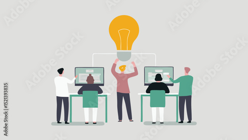 Team collaboration with computer screens and a light bulb representing a bright idea in a workplace setting