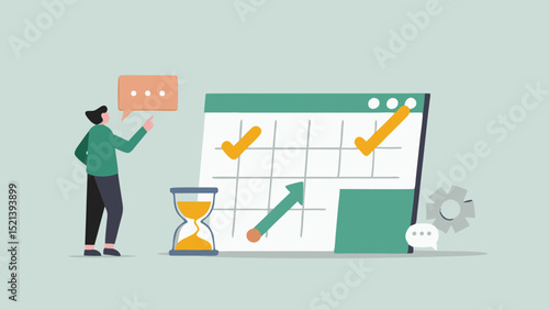 Illustration of a man pointing at a calendar with checkmarks and an hourglass on a light background