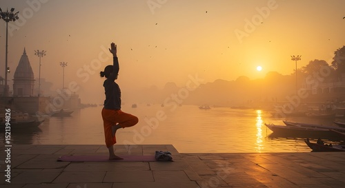 Yoga by River at Sunrise, Yoga at Sunrise by Sacred River in India