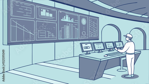 A person in a control room with multiple screens displaying data and graphs on a large display panel
