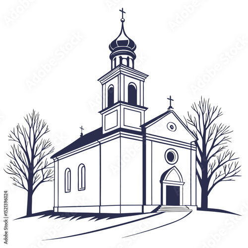 Elegant line art illustration of a church building with steeple and bare trees isolated