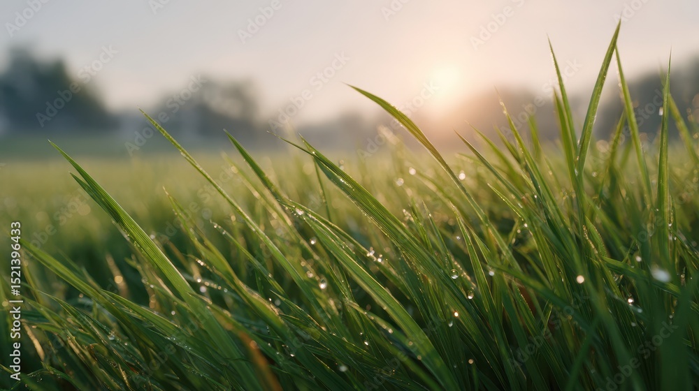 Obraz premium Dew-kissed grass blades glisten in the soft morning light, creating a serene and refreshing natural scene.