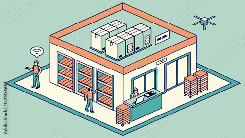 Isometric warehouse scene with workers, drone, packages, and shelves, depicting a modern logistics operation
