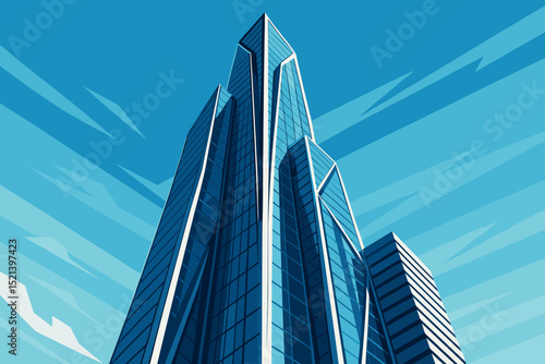 Modern Low Angle Tall Skyscraper Building with Blue Cloudy Sky Backdrop