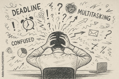 Overwhelmed businessman stressed by multitasking and deadlines