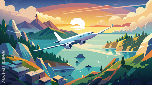 At sunrise on a summer morning, a white passenger airplane soars gracefully over picturesque islands and sparkling sea, offering a breathtaking aerial