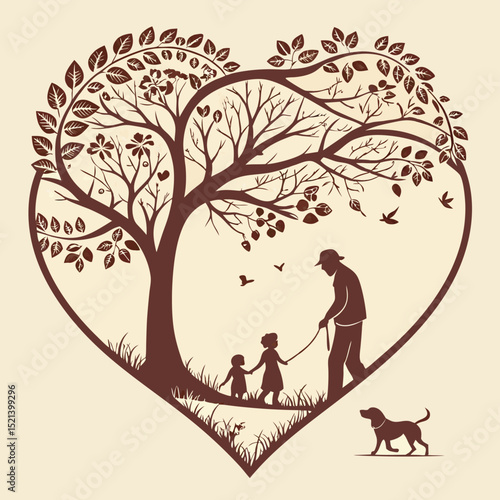 Illustration of a heart shaped tree with a family walking their dog in a brown color scheme design