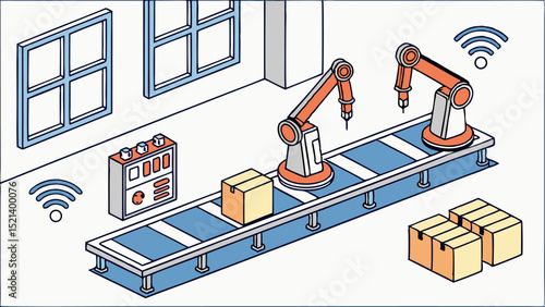Isometric view of an automated factory with two robotic arms on a conveyor belt and boxes near them