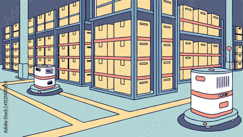 Warehouse interior with robots and shelves filled with boxes showing logistics and automation concept design