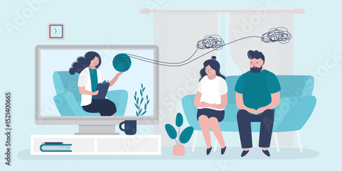 Couple decides mental problems on private online counseling. Distant counseling. Patients at psychological consultation. Male and female psychology. Psychotherapy.