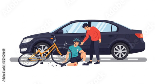 Traffic Accident Scene with Car and Injured Cyclist on Road Illustration