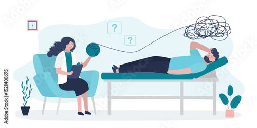 Psychological therapy session. Psychologist help untangle mental messy chaos in mind. Female psychotherapist has an Individual session with her male patient