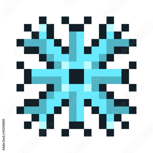 Pixel art snowflake emoji in crisp 8 bit style. A symmetrical icy-blue design representing cold weather, winter and the holiday season. Great for digital greetings, festive UI elements, retro games