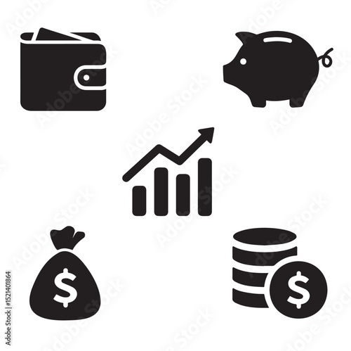 Finance icons. Business Icons, money signs. Money silhouette collection. Wallet with cards icon. Coins silhouette icon. Growth chart. Moneybag or stash. Piggy bank flat style