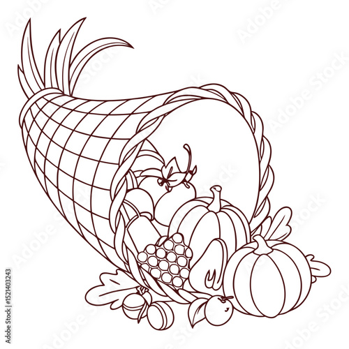 Vector illustration of a cornucopia overflowing with harvest fruits and vegetables for autumn