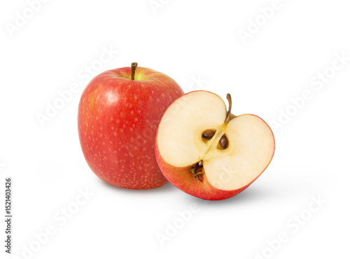Juicy red apple and a half isolated. Pink lady apples isolated.