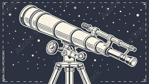 Illustration of a telescope with a tripod against a starry night sky in a vintage style drawing