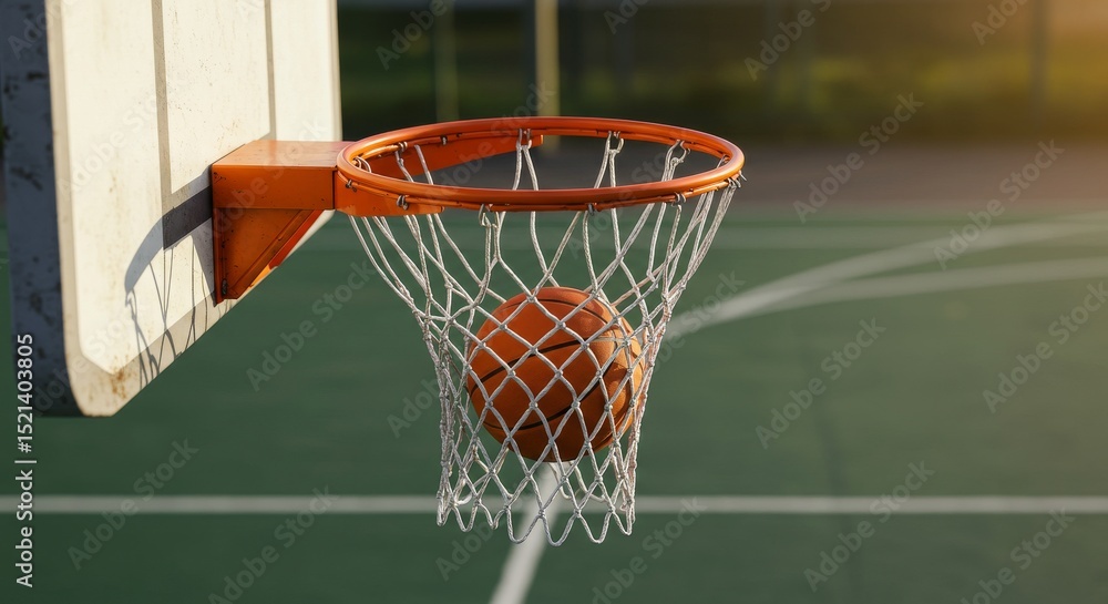 Basketball Swish: Perfect Shot - A basketball perfectly sinks through the net, showcasing a successful shot. The features a bright orange ball and an outdoor court Basketball Swish: Perfect Shot - A basketball perfectly sinks through the net, showcasing a successful shot. The features a bright orange ball and an outdoor court
