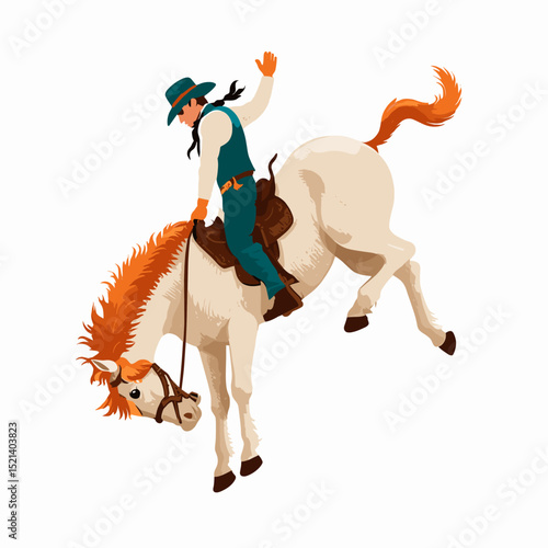 A cowboy rides a bucking bronco in rodeo
