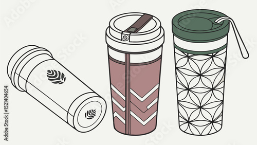 Three different styles of tumblers with lids and designs displayed on a white background design view