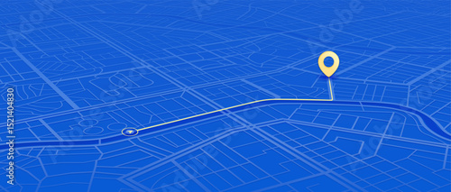 Map navigation. Route planning, Location tracking geolocation. Abstract city map with GPS pin. Isometric cityscape navigation. Urban streets with marked path. Vector illustration