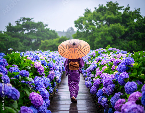 和傘、差した、女性、アジサイ、小道、紫陽花、日本、梅雨、和服、青、紫、自然、静か、雨、公園、自然