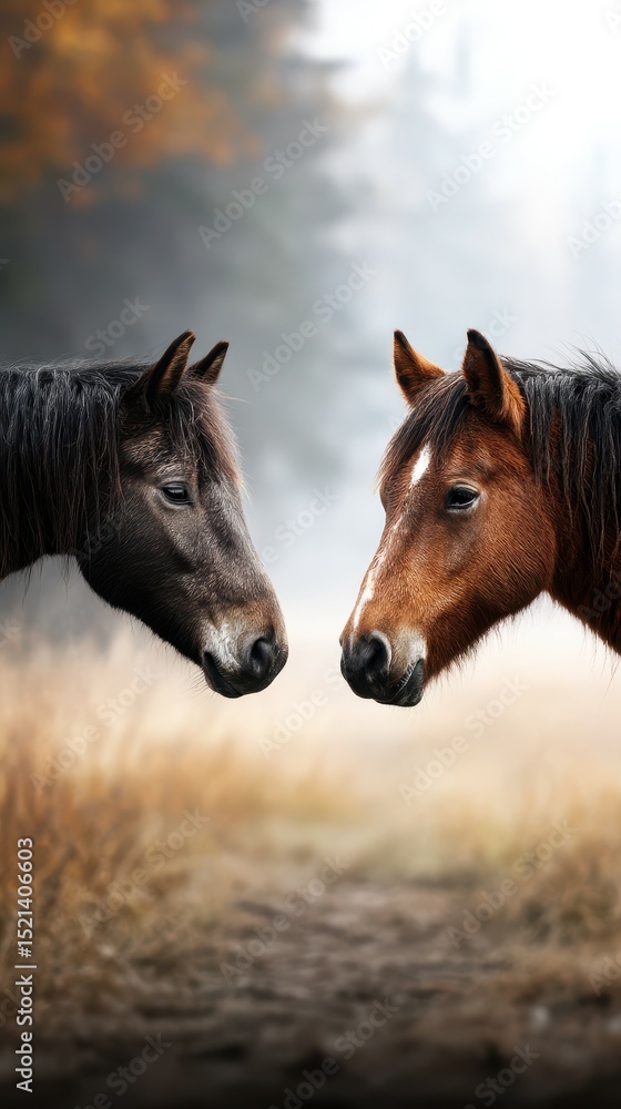 Obraz premium Two horses gaze at each other in a misty field during early morning light