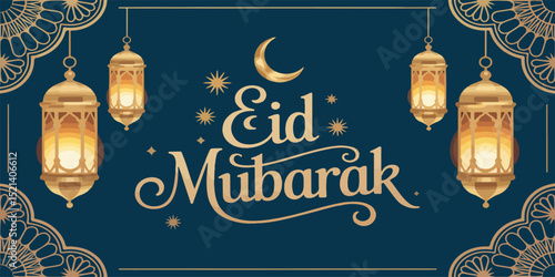 Elegant Eid Al-Adha Greeting Card with Golden Lanterns, Crescent Moon, Stars, and Arabic Calligraphy on Transparent Background for Festive Islamic Celebration

