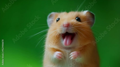 Happy hamster with open mouth on vibrant green background, concept of joy
