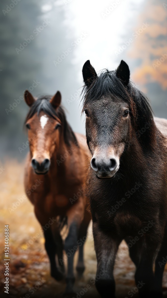 Horses walking through a foggy forest in autumn with colorful leaves on the ground Horses walking through a foggy forest in autumn with colorful leaves on the ground