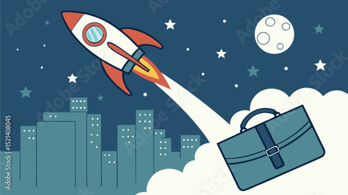 Rocket launching from city with briefcase in clouds under moon and stars in night sky illustration