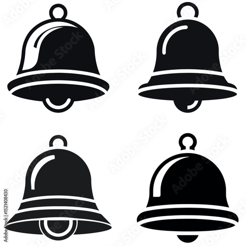 Four Black Bell Icons in Style, Different Designs for Use