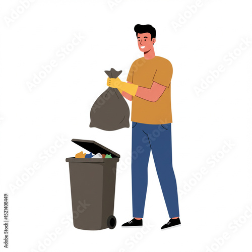 Young Man Throwing Away Trash Vector Illustration for House Cleaning
