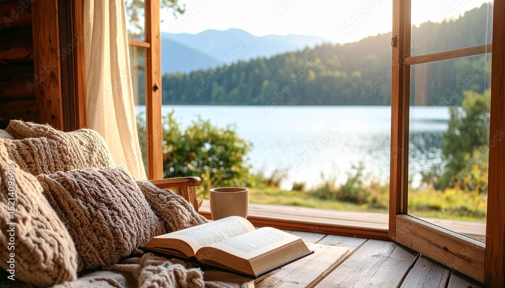 Rustic cabin with open doors facing a serene mountain lake, tea and a book on the wooden deck, cozy atmosphere with natural tones, capturing the essence of slow living in nature Rustic cabin with open doors facing a serene mountain lake, tea and a book on the wooden deck, cozy atmosphere with natural tones, capturing the essence of slow living in nature