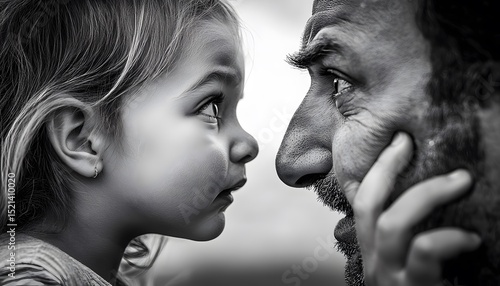 A child and adult face each other in a grayscale portrait.